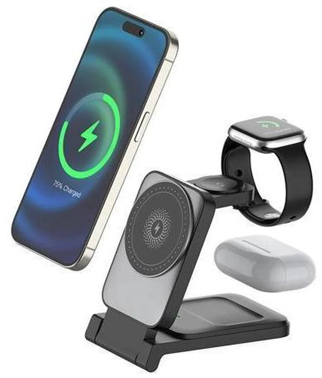 Alt view image 2 of 7 - 3-in-1 Magnetic Wireless Smart Watch Charger for Compatible 15W 10W Fast Charger Portable Travel Charging Stand Dock iPhone White