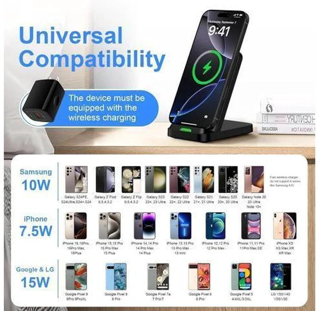 Alt view image 7 of 7 - Wireless Charger Fast Charging Stand for Galaxy S25 FE/S25Ultra/S24 Plus/S23+/S22/S21/S20/S10 Wireless Phone Charger Android Desk Charging Station for Google Pixel 10 Pro XL with 18W Adapter