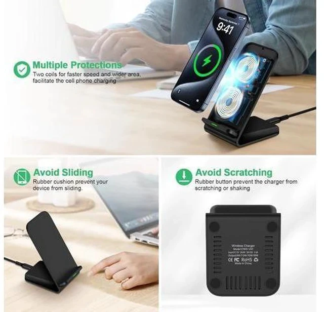 Alt view image 3 of 7 - Wireless Charger Fast Charging Stand Wireless Android Desk Phone Charger Pad 15W for Galaxy S24 S25 Ultra Plus S24FE S23FE S22 S21 Pixel 9 Pro iPhone 16/15 Pro Max with 18W Adapter