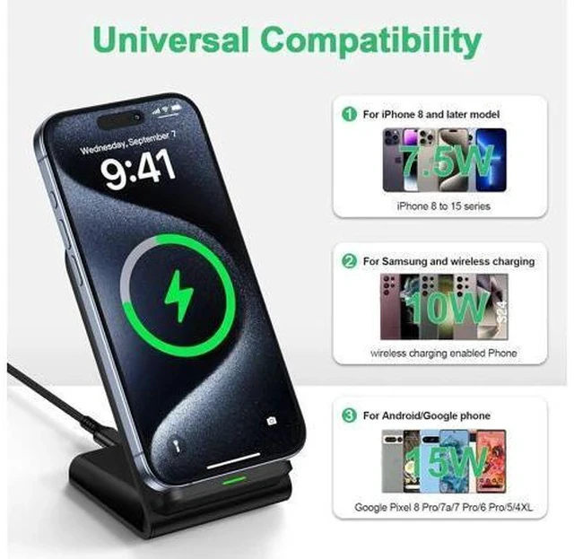 Alt view image 7 of 7 - Wireless Charger Fast Charging Stand Wireless Android Desk Phone Charger Pad 15W for Galaxy S24 S25 Ultra Plus S24FE S23FE S22 S21 Pixel 9 Pro iPhone 16/15 Pro Max with 18W Adapter