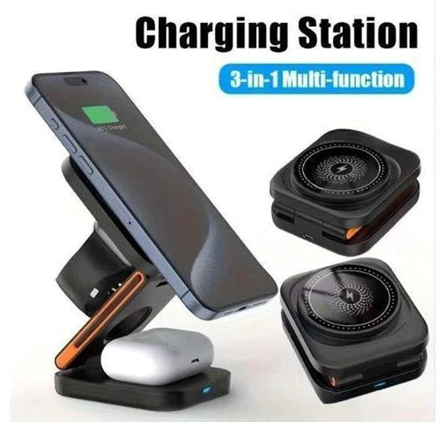 Alt view image 3 of 7 - 3-in-1 Foldable Magnetic Wireless Charger Multifunction Phone Charging Stand with Holder White