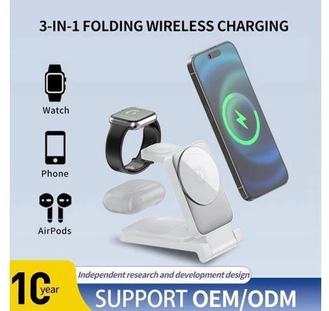 Alt view image 4 of 7 - 3-in-1 Magnetic Wireless Smart Watch Charger for Compatible 15W 10W Fast Charger Portable Travel Charging Stand Dock iPhone White