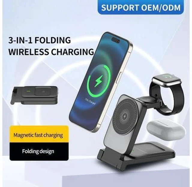 Alt view image 6 of 7 - 3-in-1 Magnetic Wireless Smart Watch Charger for Compatible 15W 10W Fast Charger Portable Travel Charging Stand Dock iPhone White