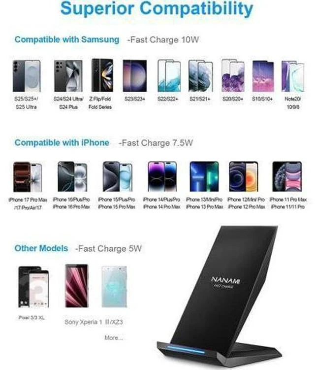 Alt view image 3 of 7 - Fast Wireless Charger with USB Phone Charger Qi Certified Charging Stand with 20W PD Adapter for iPhone 17/17 Pro/17 Pro Max/16/16 Plus/15/14/13/12 10W for Galaxy S25/S24/S23/S22/S21
