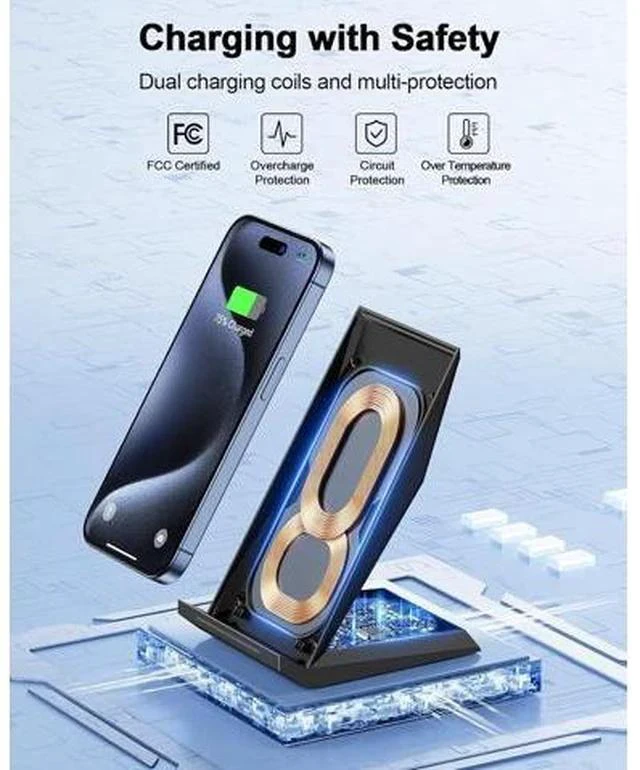 Alt view image 4 of 7 - Fast Wireless Charger with USB Phone Charger Qi Certified Charging Stand with 20W PD Adapter for iPhone 17/17 Pro/17 Pro Max/16/16 Plus/15/14/13/12 10W for Galaxy S25/S24/S23/S22/S21