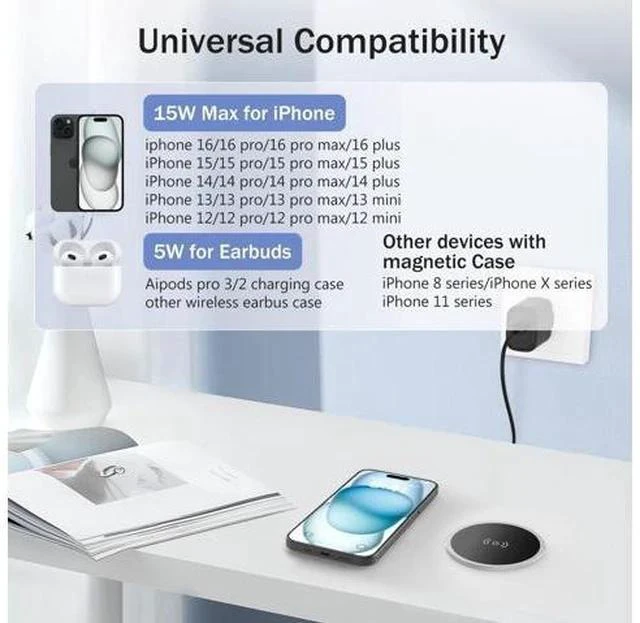 Alt view image 2 of 7 - Wireless Magnetic Charger Desk Mount 15W Fast Charger for iPhone 17 16 Pro Max 15 14 13 12 Series Magnet Qi Charging Pad/Station for AirPods Recessed Hidden Under Desktop Hole Save Nightstand Space