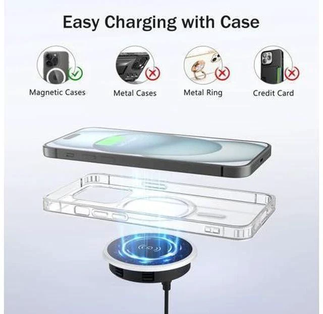Alt view image 7 of 7 - Wireless Magnetic Charger Desk Mount 15W Fast Charger for iPhone 17 16 Pro Max 15 14 13 12 Series Magnet Qi Charging Pad/Station for AirPods Recessed Hidden Under Desktop Hole Save Nightstand Space