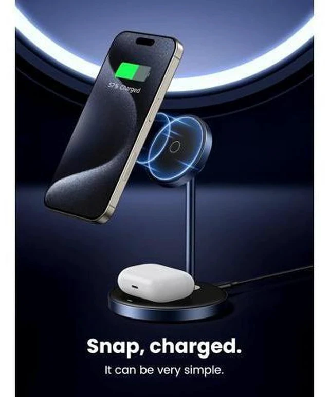 Alt view image 2 of 7 - MagFlow 2-in-1 Magnetic Wireless Charging Stand Fast Wireless Charger for iPhone 17 16 15 14 13 12 Series and AirPods MagSafe Compatible Qi Charging Stand with 3 FT USB-C Cable (No AC Adapter)