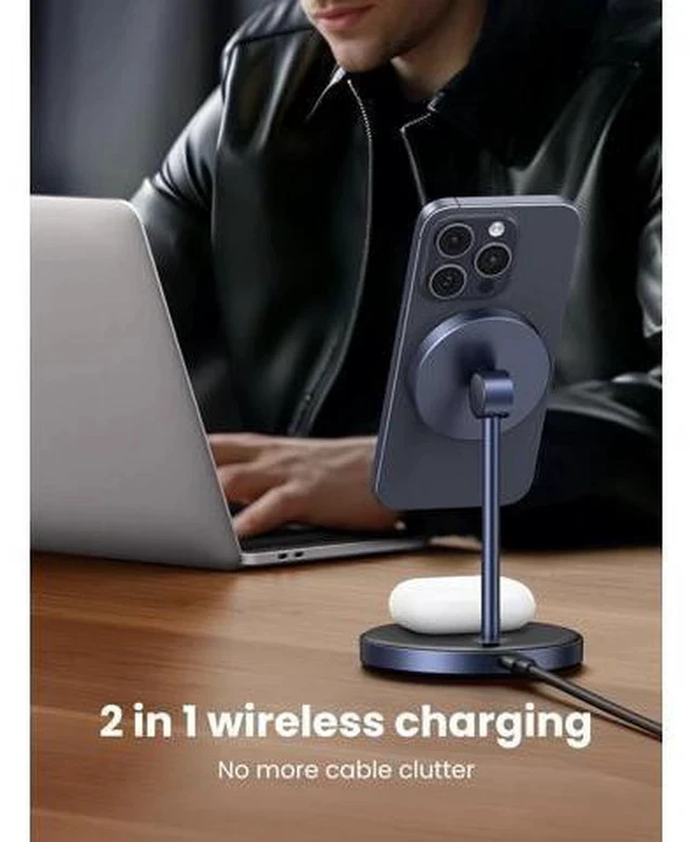 Alt view image 3 of 7 - MagFlow 2-in-1 Magnetic Wireless Charging Stand Fast Wireless Charger for iPhone 17 16 15 14 13 12 Series and AirPods MagSafe Compatible Qi Charging Stand with 3 FT USB-C Cable (No AC Adapter)