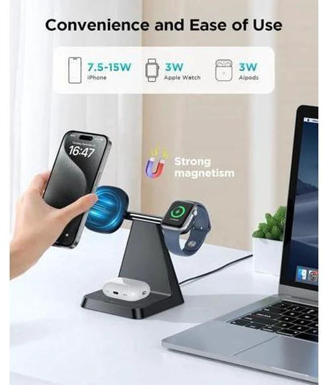 Alt view image 3 of 7 - Charging Station for Multiple Devices : 3 in 1 Magnetic Wireless Charger Stand for Mag Safe iPhone - Nightstand Charging Dock for iPhone 16 15 14 13 12 Pro Max Plus Watch Airpods