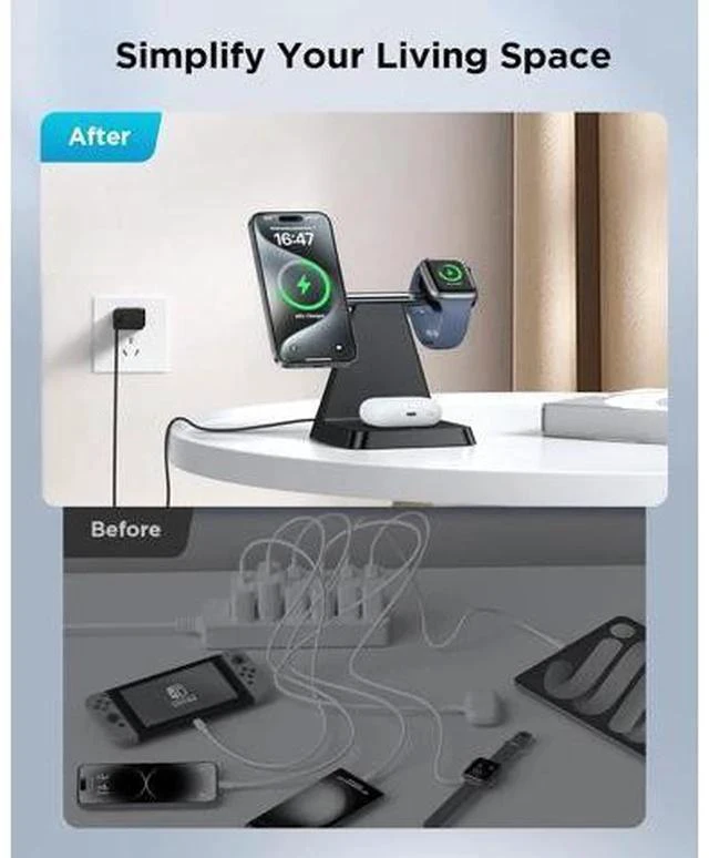 Alt view image 4 of 7 - Charging Station for Multiple Devices : 3 in 1 Magnetic Wireless Charger Stand for Mag Safe iPhone - Nightstand Charging Dock for iPhone 16 15 14 13 12 Pro Max Plus Watch Airpods