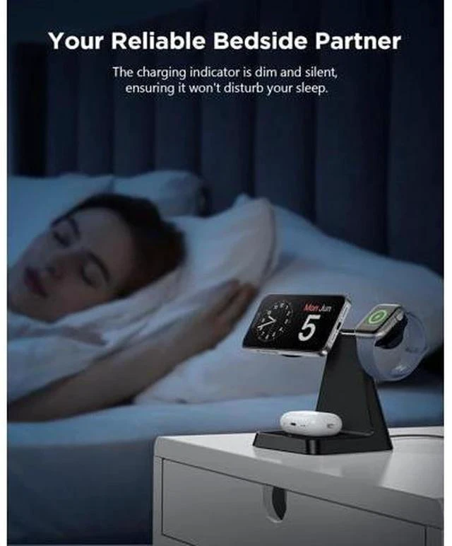 Alt view image 7 of 7 - Charging Station for Multiple Devices : 3 in 1 Magnetic Wireless Charger Stand for Mag Safe iPhone - Nightstand Charging Dock for iPhone 16 15 14 13 12 Pro Max Plus Watch Airpods