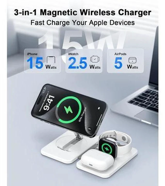 Alt view image 2 of 7 - 3 in 1 Magnetic Wireless Charger for Multiple Devices Foldable Fast Charging Station - Magsafe Charger Stand Travel Charger Pad for iPhone 17 16 15 14 13 12 Series/ Watch/