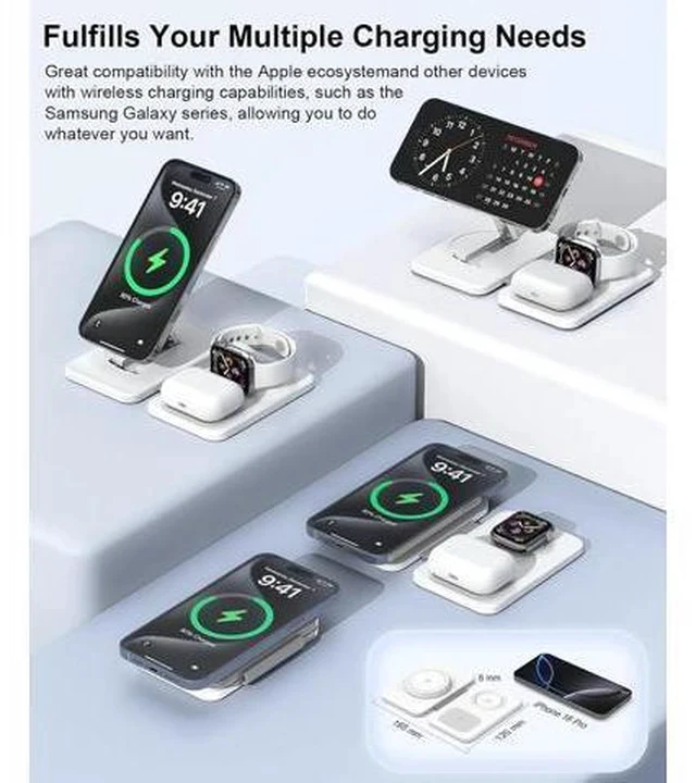 Alt view image 4 of 7 - 3 in 1 Magnetic Wireless Charger for Multiple Devices Foldable Fast Charging Station - Magsafe Charger Stand Travel Charger Pad for iPhone 17 16 15 14 13 12 Series/ Watch/