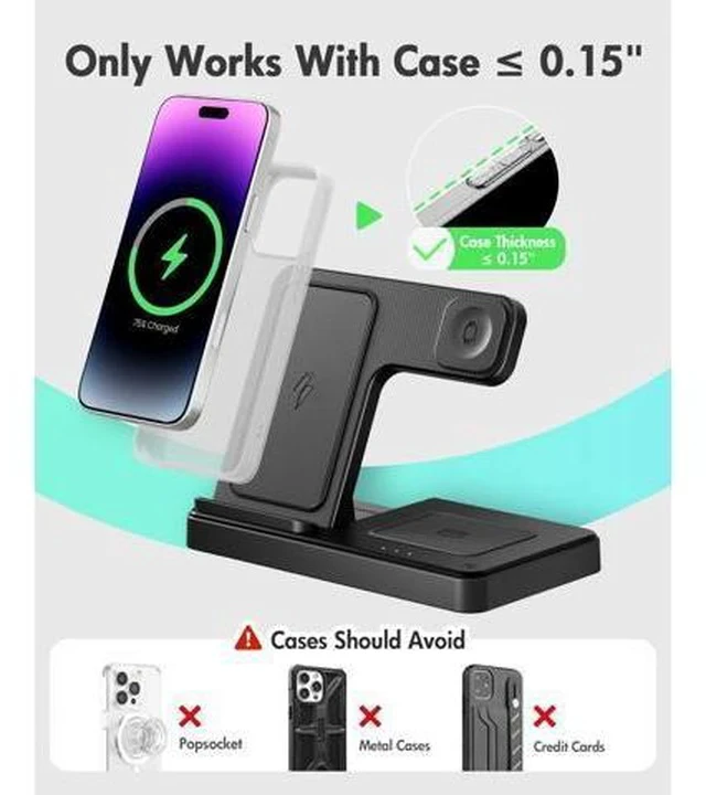 Alt view image 3 of 7 - Wireless Charger iPhone Charging Station: 3 in 1 Charger Stand Multiple Devices for - iPhone 17 16e 16 15 14 Pro Max 13 12 11 - Watch 10 9 8 7 6 5 4 3 2 SE and Ultra Series - Airpods 4 3 Pro