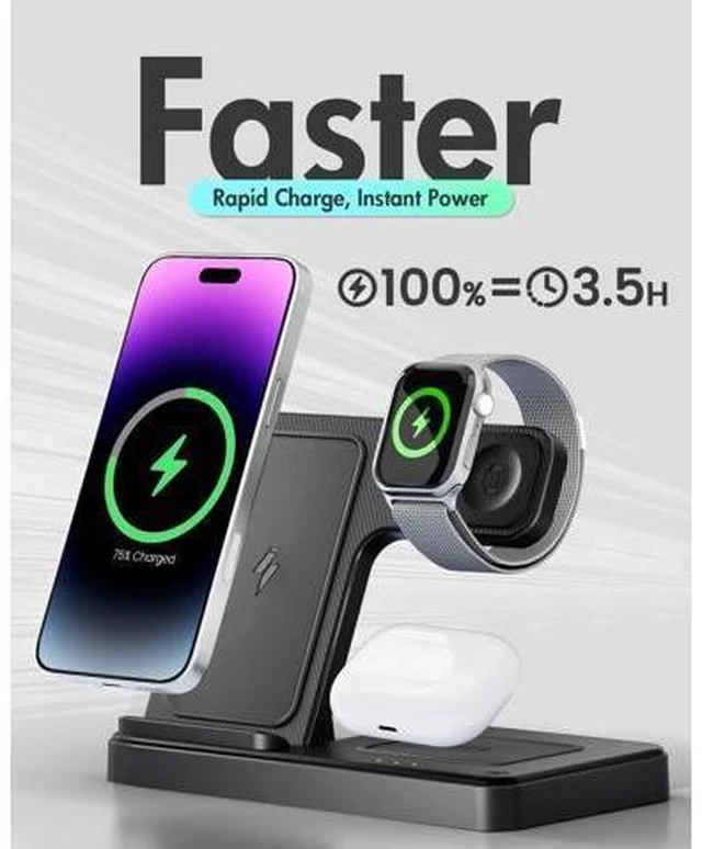 Alt view image 5 of 7 - Wireless Charger iPhone Charging Station: 3 in 1 Charger Stand Multiple Devices for - iPhone 17 16e 16 15 14 Pro Max 13 12 11 - Watch 10 9 8 7 6 5 4 3 2 SE and Ultra Series - Airpods 4 3 Pro
