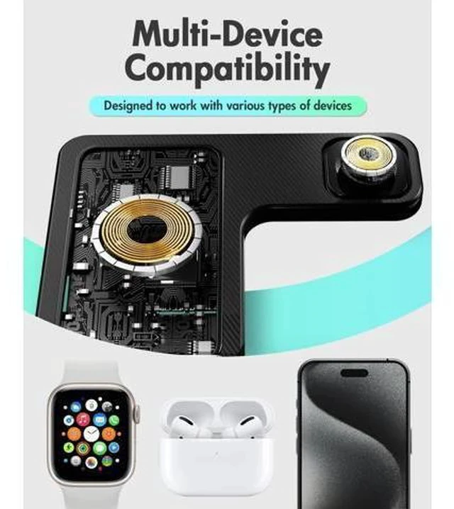Alt view image 7 of 7 - Wireless Charger iPhone Charging Station: 3 in 1 Charger Stand Multiple Devices for - iPhone 17 16e 16 15 14 Pro Max 13 12 11 - Watch 10 9 8 7 6 5 4 3 2 SE and Ultra Series - Airpods 4 3 Pro