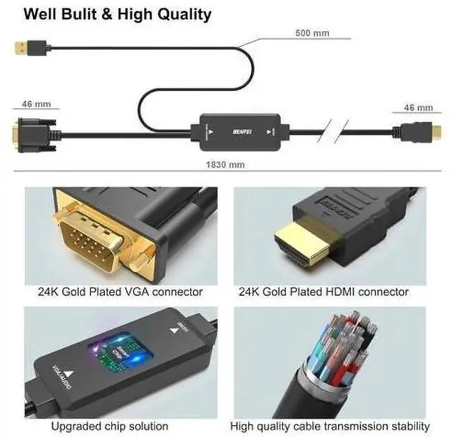 Alt view image 6 of 7 - VGA to HDMI Cable with Audio 6 Feet 1080P Cable from VGA Computer/Laptop to HDMI Monitor/TV(Not Bidirectional)