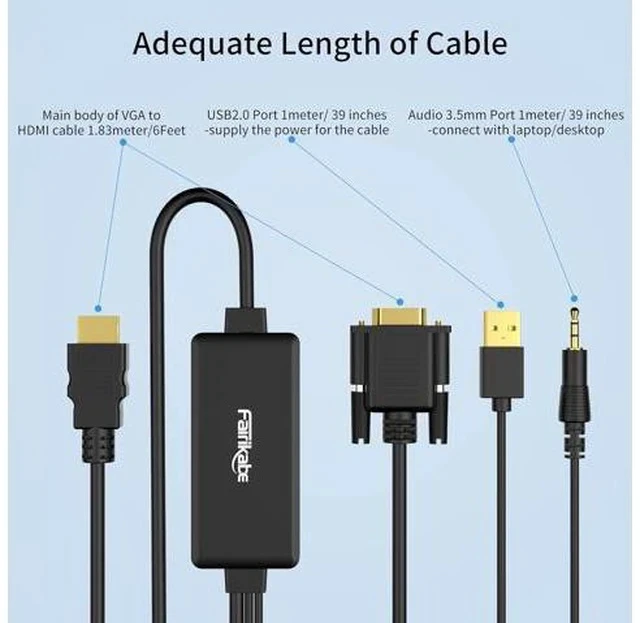 Alt view image 7 of 7 - VGA to HDMI Cable with Audio 1080P HD VGA to HDMI Adapter Cable 6 Feet for Computer/Laptop to HDMI Monitor/TV