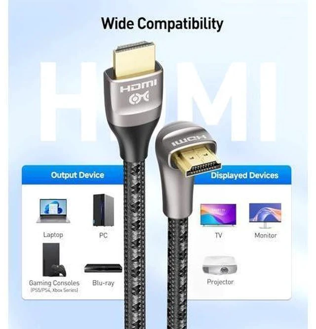 Alt view image 7 of 7 - 48Gbps Ultra HD 8K Right Angle HDMI Cable 6.6 ft (270 Degree HDMI Cable) with 8K@60Hz 4K@240Hz and HDR Support in Black