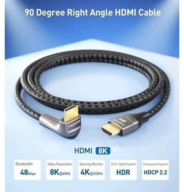 Alt view image 2 of 7 - 48Gbps Ultra HD 8K Right Angle HDMI Cable 6.6 ft (270 Degree HDMI Cable) with 8K@60Hz 4K@240Hz and HDR Support in Black