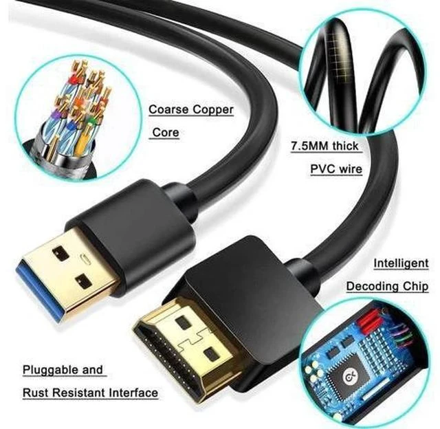 Alt view image 5 of 7 - USB to HDMI Adapter Cable 6.6FT USB to HDMI Cable Male to Male Full 1080P HD Display Cable Audio Video Converter Cord for PC/Laptop to Monitor/HDTV/Projector Supports Windows 7/8/10 Mac OS