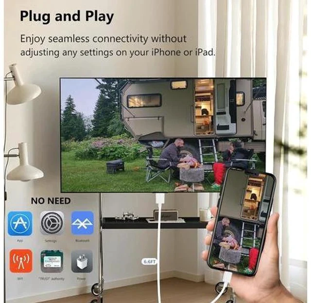 Alt view image 3 of 7 - Lightning to HDMI Cable for iPhone Digital AV Adapter 1080P HD Video Sync Screen Connector iPhone to HDMI for TV Projector Monitor 6.6FT