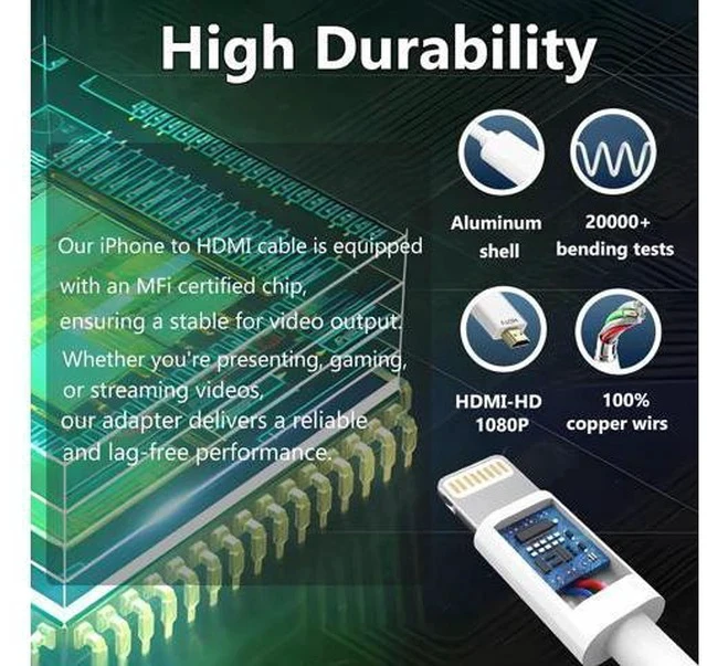 Alt view image 4 of 7 - Lightning to HDMI Cable for iPhone Digital AV Adapter 1080P HD Video Sync Screen Connector iPhone to HDMI for TV Projector Monitor 6.6FT