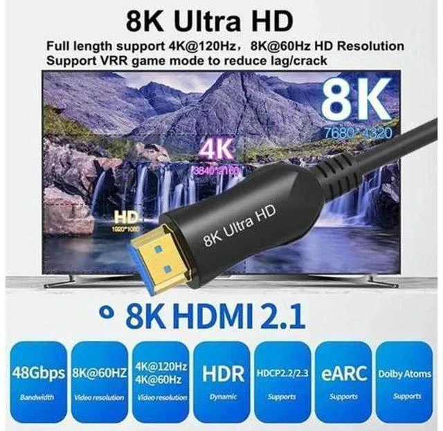 Alt view image 2 of 7 - 8K HDMI 2.1 Fiber Optic Cable 16ft, Ultra High Speed 48Gbps HDMI Cable, 4K 120Hz 144Hz 2K 240Hz Gaming HDMI Cable 2.1 Certified, eARC HDCP 2.2&2.3 HDR 10+ Dolby for PS5/Xbox Series X/Apple TV 8K