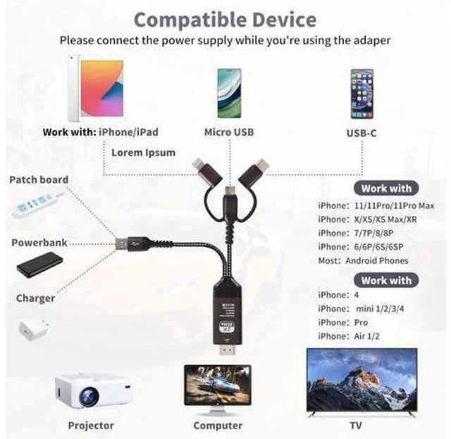 Alt view image 7 of 7 - HDMI Cable to TV Adapter 2k 60Hz 1080P Phone to TV HDTV AV Adapter for Android Phone Type C 3-in-1 Design Multi-Function Plug & Play HDMI Cable Compatible with TV/PS5/HDTV/Blu-ray
