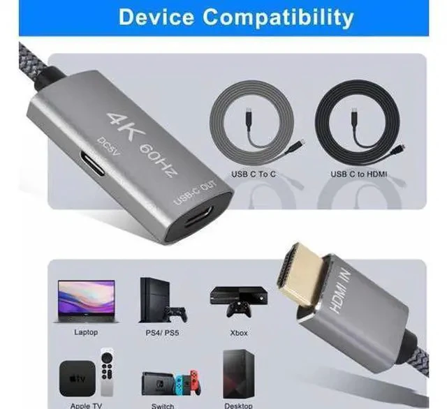 Alt view image 6 of 6 - HDMI Male to USB-C Female Cable Adapter with USB C Power Cable Uni-Directional HDMI (source) to Type C 3.1 (display) Converter 4K 60Hz Thunderbolt 3 Adapter for MacBook Pro Surface Xreal Air