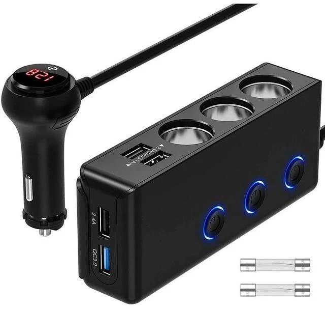 Main image of TR30 Car Cigarette Lighter Splitter 1-to-3 Socket with 4 USB Ports, Independent On/Off Switches, QC3.0 Fast Charging, 120W High Power & LED Voltage Display