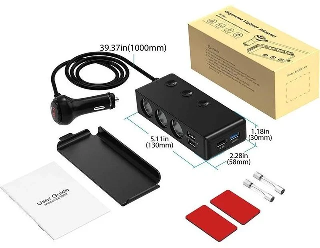 Alt view image 7 of 7 - TR30 Car Cigarette Lighter Splitter 1-to-3 Socket with 4 USB Ports, Independent On/Off Switches, QC3.0 Fast Charging, 120W High Power & LED Voltage Display