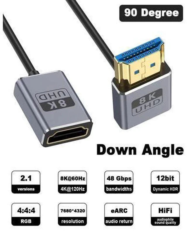 Alt view image 2 of 7 - 8K 90 Degree HDMI Extension Cable 1FT Down Angle HDMI Male to Female Cable (48Gbps Bandwidths 8K@60Hz 4K@240Hz) for GH5S PS5 Xbox One Monitor PC