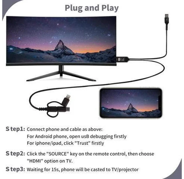 Alt view image 3 of 7 - HDMI Cable to TV Adapter 2k 60Hz 1080P Phone to TV HDTV AV Adapter for Android Phone Type C 3-in-1 Design Multi-Function Plug & Play HDMI Cable Compatible with TV/PS5/HDTV/Blu-ray