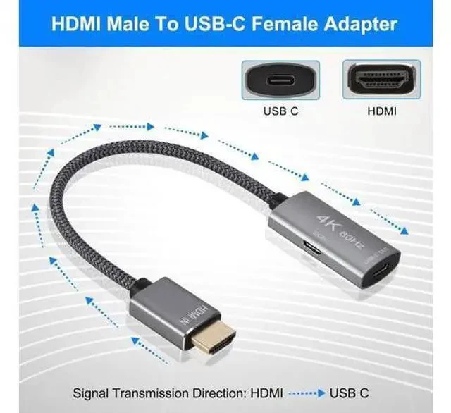 Alt view image 2 of 6 - HDMI Male to USB-C Female Cable Adapter with USB C Power Cable Uni-Directional HDMI (source) to Type C 3.1 (display) Converter 4K 60Hz Thunderbolt 3 Adapter for MacBook Pro Surface Xreal Air