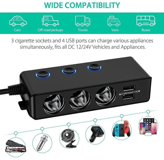 Alt view image 4 of 7 - TR30 Car Cigarette Lighter Splitter 1-to-3 Socket with 4 USB Ports, Independent On/Off Switches, QC3.0 Fast Charging, 120W High Power & LED Voltage Display