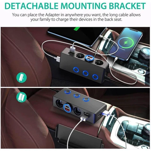 Alt view image 6 of 7 - TR30 Car Cigarette Lighter Splitter 1-to-3 Socket with 4 USB Ports, Independent On/Off Switches, QC3.0 Fast Charging, 120W High Power & LED Voltage Display