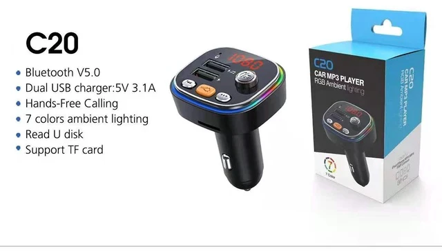 Alt view image 2 of 6 - C20 Car Bluetooth MP3 Player FM Transmitter, Hands-Free Calling, Quick Charge, USB/TF Card Playback