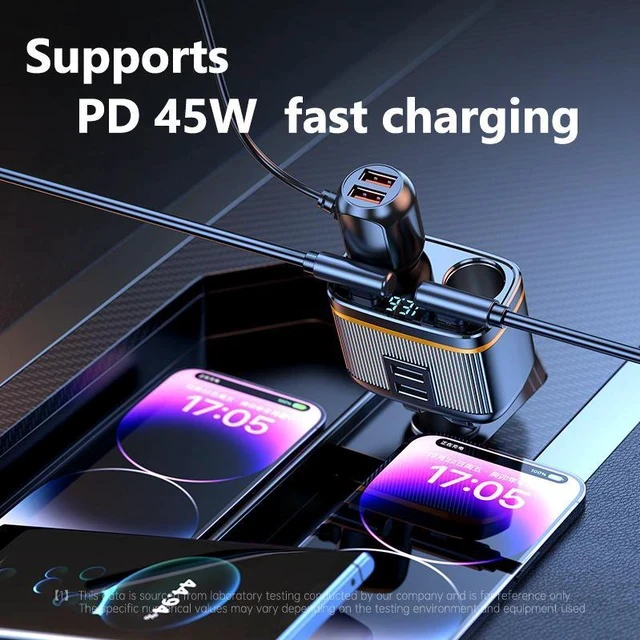 Alt view image 4 of 5 - C27 Car Charger with Voltage Display 80W Cigarette Lighter Socket, PD45W & USB Fast Charging, 145W Total Output Power