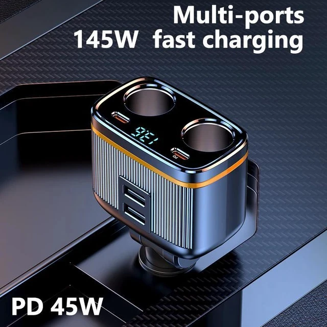 Alt view image 2 of 5 - C27 Car Charger with Voltage Display 80W Cigarette Lighter Socket, PD45W & USB Fast Charging, 145W Total Output Power