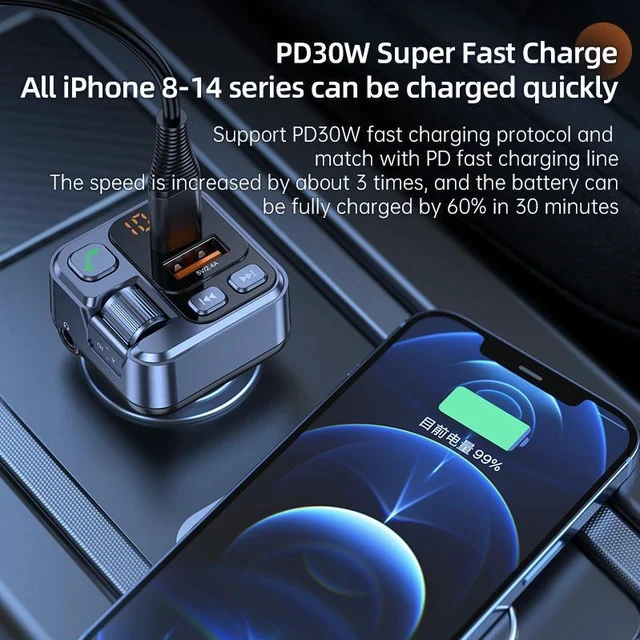 Alt view image 3 of 5 - Car MP3 Player with FM Transmitter PD30W Fast Charging + 2.4A Port, Bluetooth Hands-Free & AUX Playback Car Charger