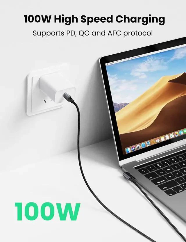 Alt view image 2 of 7 - UGREEN USB C to USB C Cable 100W Fast Charging 6FT - Right Angle 5A Type C PD Nylon Braided Charging Cord Compatible for MacBook Pro Air iPad Pro 2020 Chromebook Galaxy S21 S20 Note 20 Dell XPS Pixel