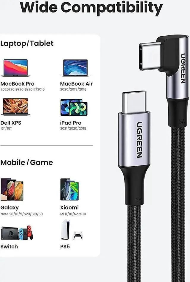Alt view image 7 of 7 - UGREEN USB C to USB C Cable 100W Fast Charging 6FT - Right Angle 5A Type C PD Nylon Braided Charging Cord Compatible for MacBook Pro Air iPad Pro 2020 Chromebook Galaxy S21 S20 Note 20 Dell XPS Pixel