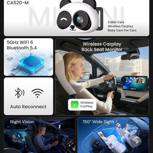 Alt view image 2 of 5 - Wireless CarPlay Portable Wireless Car Baby Care CarPlay Adapter, Car Camera Rear Seat Baby Monitor, Plug and Play In-Car Infant Monitoring Display for Back Seat Compatible CA520M300