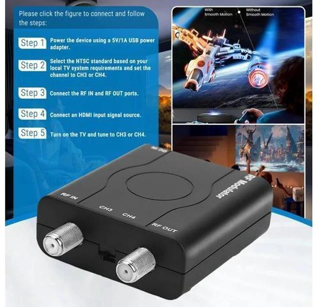 Alt view image 6 of 7 - HDM61 HDMI to Coax Adapter, 1080P HDMI to RF Converter with NTSC Format Output CH3/CH4 Plug and Play RF Modulator for TV Antenna Signal
