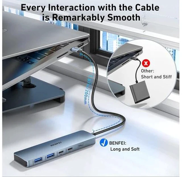 Alt view image 3 of 7 - USB C HUB 6-in-1 with HDMI(4K@60Hz) 100W Power Delivery 10Gbps 2*USB-A and 2*USB-C Silicone Cable Aluminum Case Compatible with iPhone 15 Pro/Max MacBook iPad Pro iMac S23 XPS17