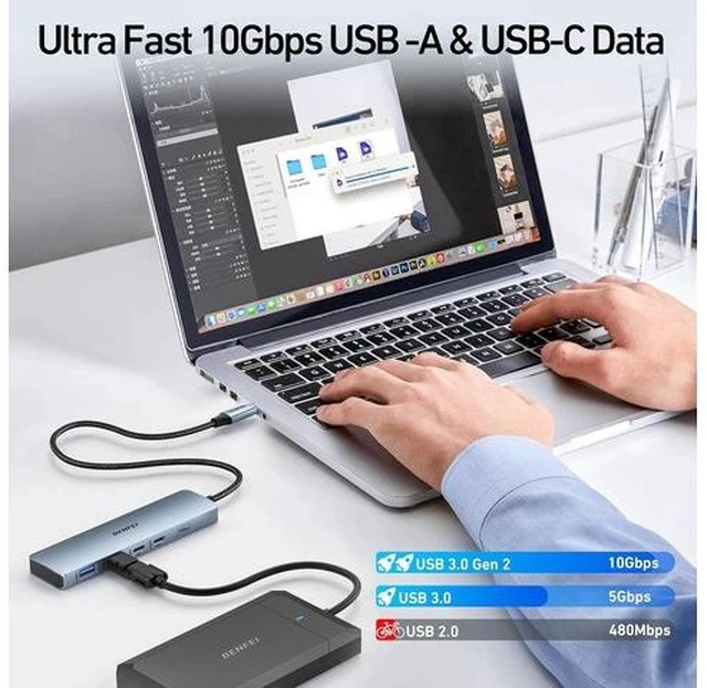 Alt view image 5 of 7 - USB C HUB 6-in-1 with HDMI(4K@60Hz) 100W Power Delivery 10Gbps 2*USB-A and 2*USB-C Silicone Cable Aluminum Case Compatible with iPhone 15 Pro/Max MacBook iPad Pro iMac S23 XPS17