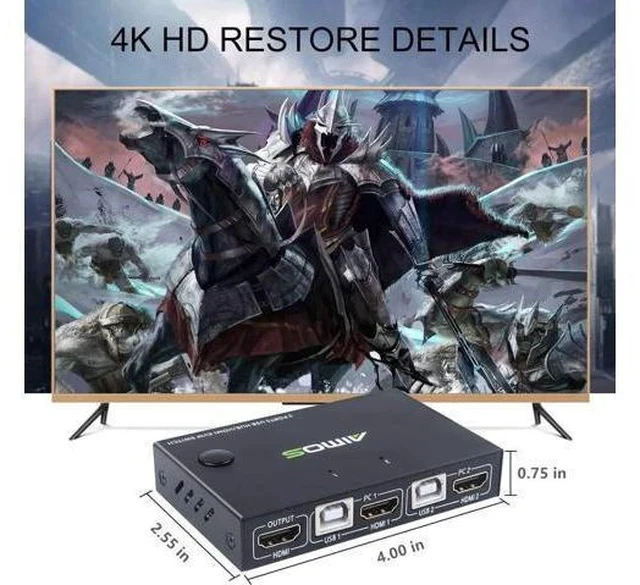 Alt view image 2 of 7 - KVM Switch HDMI 2 Port Box, AIMOS USB and HDMI Switches 4 USB Hub, UHD 4K @30Hz, for 2 Computers Share Keyboard Mouse and one HD Monitor