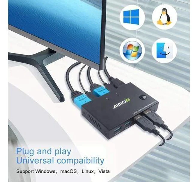 Alt view image 7 of 7 - KVM Switch HDMI 2 Port Box, AIMOS USB and HDMI Switches 4 USB Hub, UHD 4K @30Hz, for 2 Computers Share Keyboard Mouse and one HD Monitor